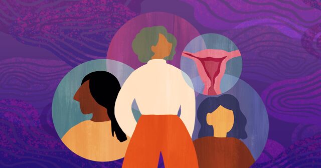 A woman looks up with hope as portraits of other women and a diagram of a uterus float around her.