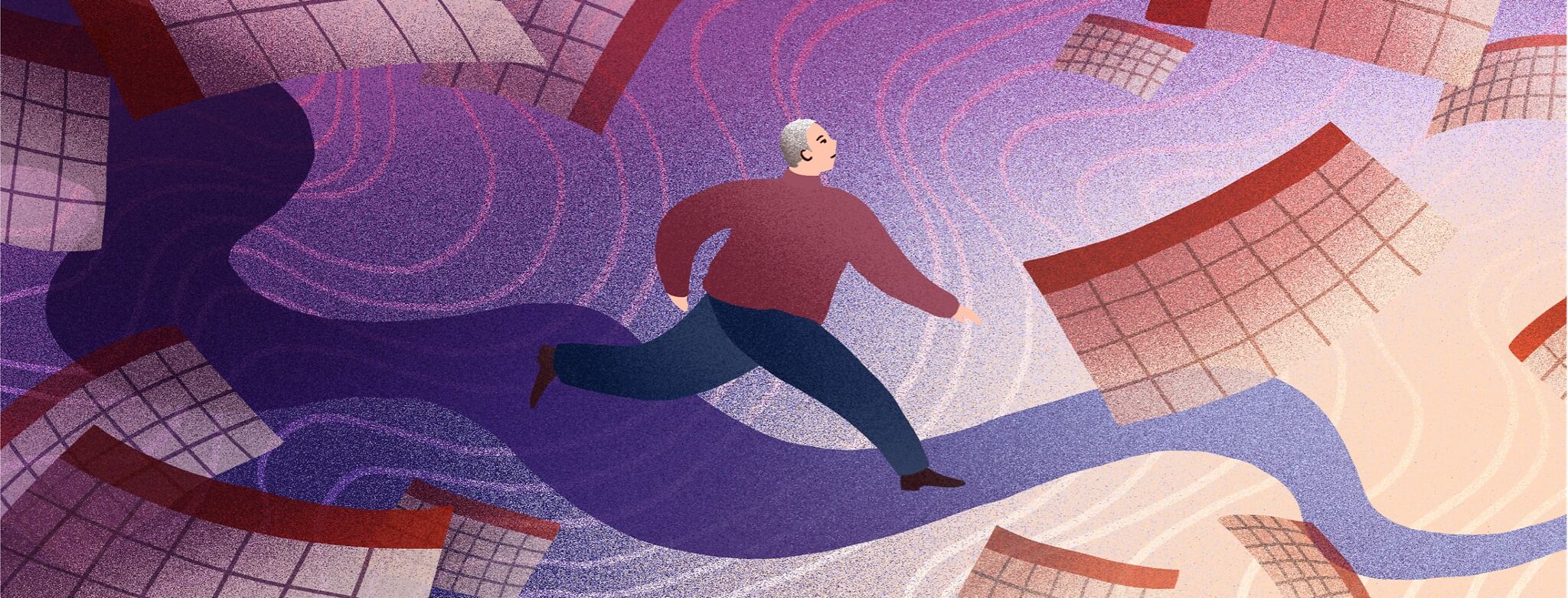 A man walks down a path surrounded by calendar pages.