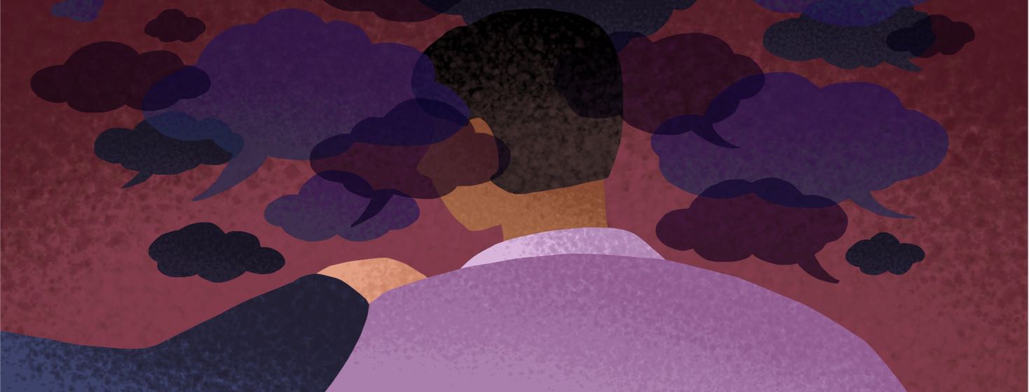 A man with another person's hand on his shoulder is surrounded by cloud-shaped speech bubbles.